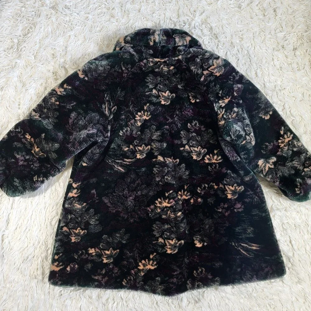 Vintage Monterey Fashions Faux Fur Black Leaf Swing Coat Jacket Medium - Picture 15 of 15